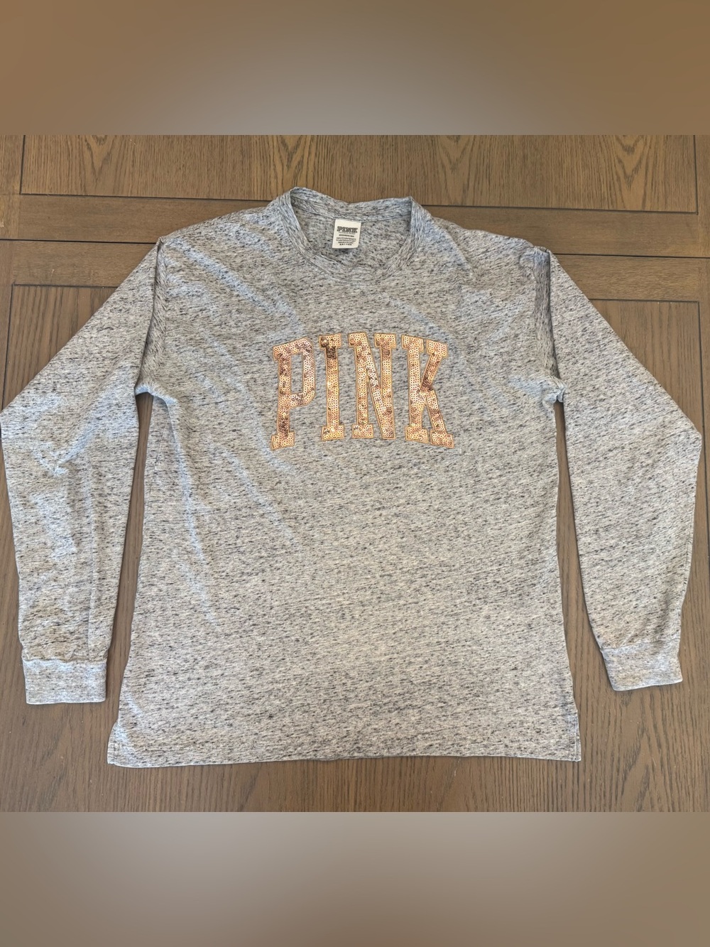 PINK Victoria's Secret Heather Gray Long Sleeve Tee with Rose Gold Logo